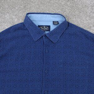 Nat Nast Shirt Mens XL Blue‎ Geometric Silk/Cotton Blend Short Sleeve Button Up